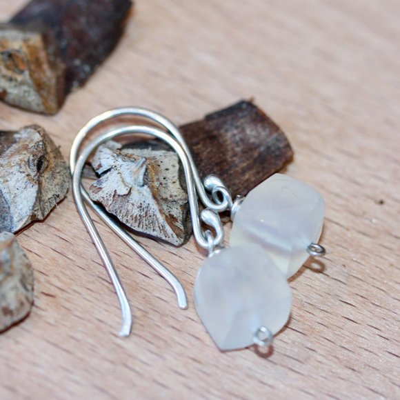 Tiny Silver Earring - Small Square Gem Earrings - White Chalcedony Earrings - - Picture 9 of 9